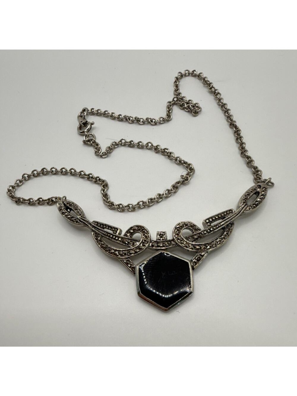 Silver Art Deco Vintage Style Costume Jewelry Necklace with Octagon Black Center